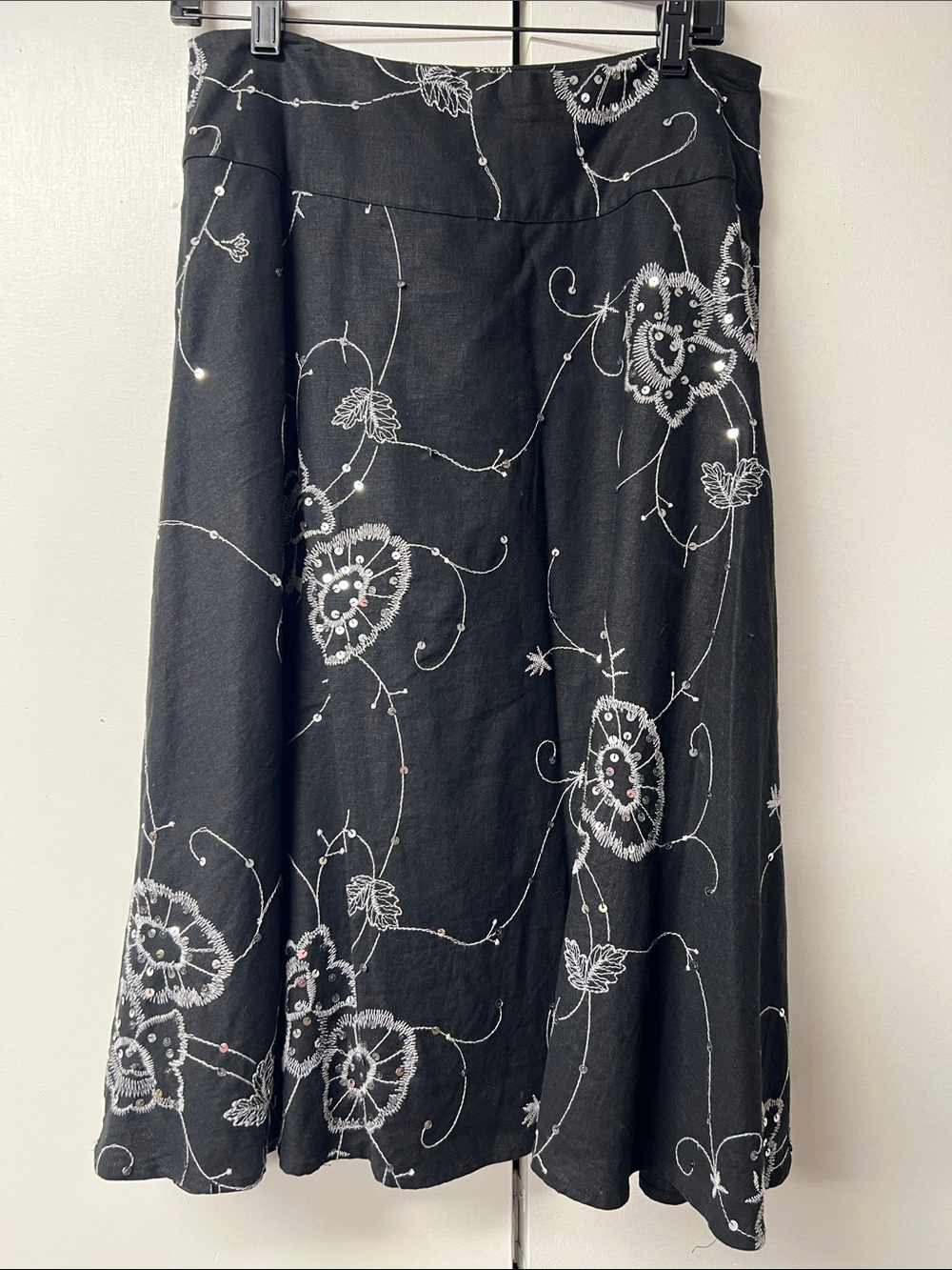 Carole Little Black Skirt with Gray Floral Embroidery